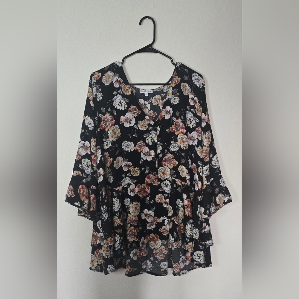 Ophelia Roe Floral Peplum Blouse Black Button Front Flowy Top 2X